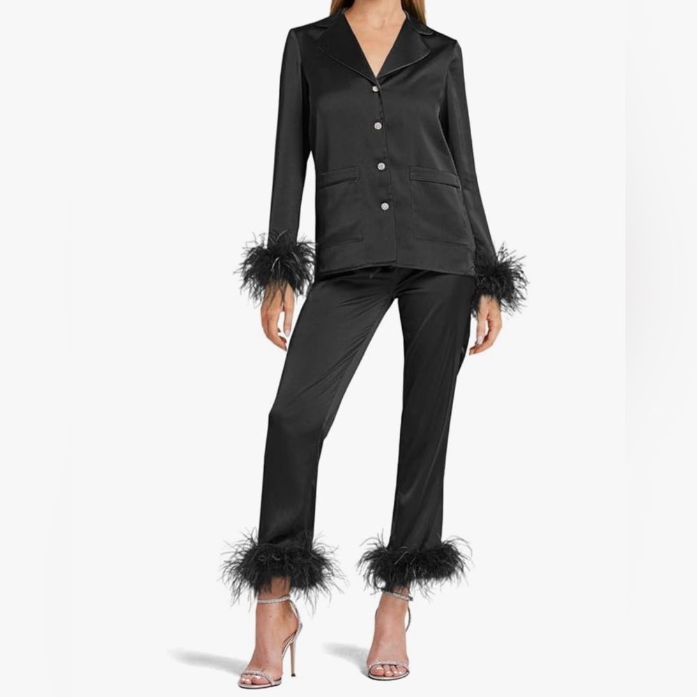 Feather Trim Black Satin Pajama Set